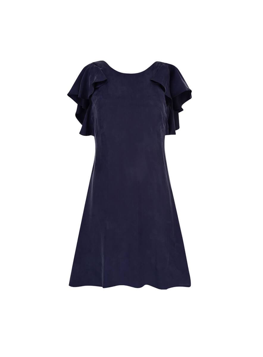 L'amour est bleu: Komfortables und nachhaltiges, kurzes Kleid mit tiefem Rückenausschnitt in Mitternachtsblau und Gelb.