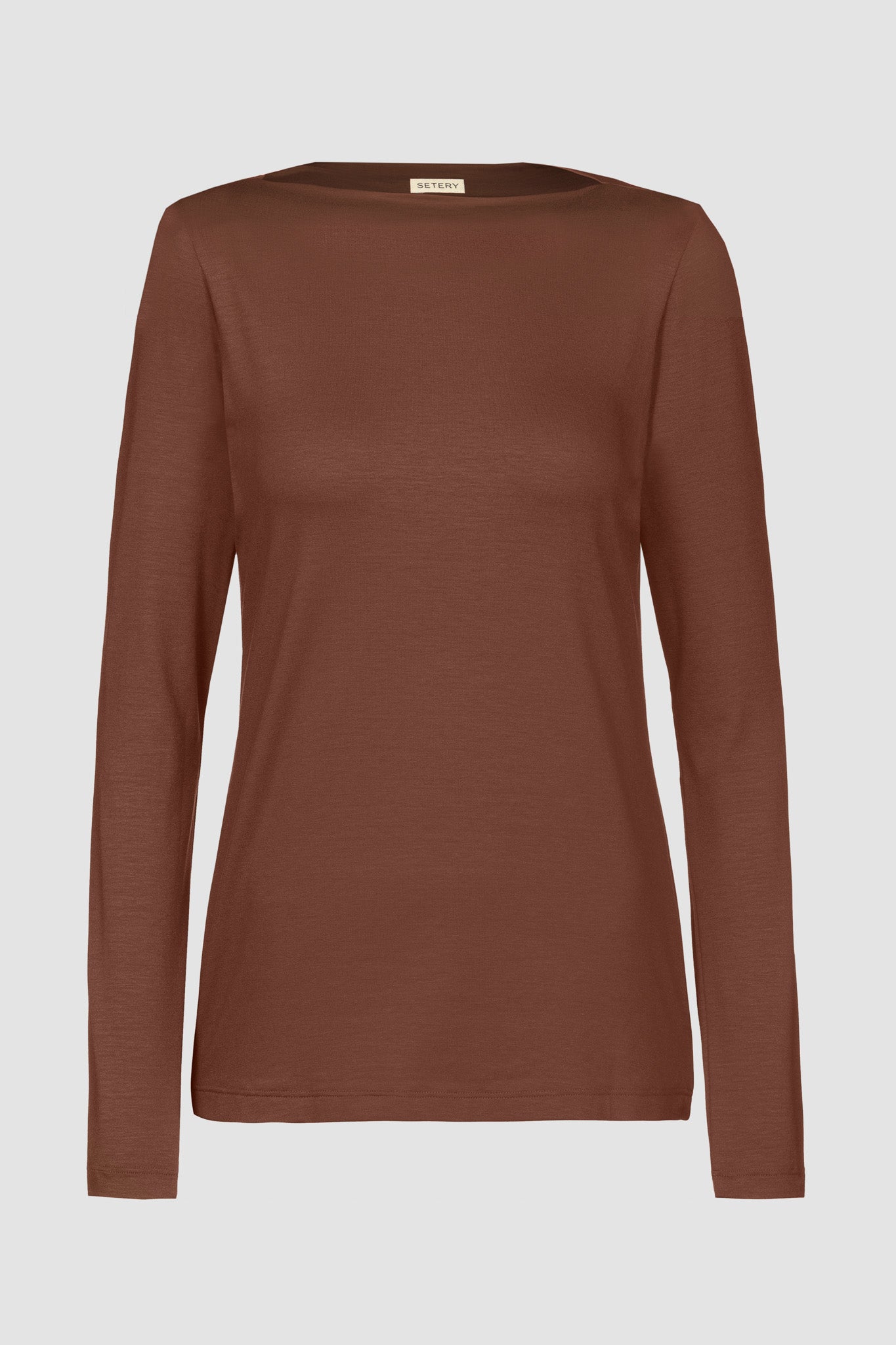Stilvolles und nachhaltiges elegantes Langarmshirt mit raffiniertem Ausschnitt in Bronze von SETERY.