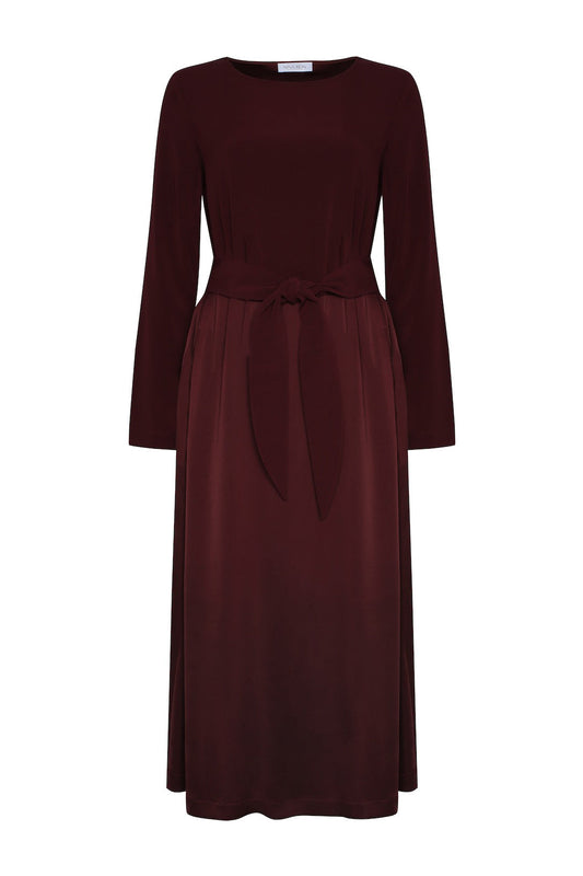 NINA REIN nachhaltiges Midi-Kleid in Burgundy, Vorderansicht, Slow Fashion, elegantes nachhaltiges Kleid